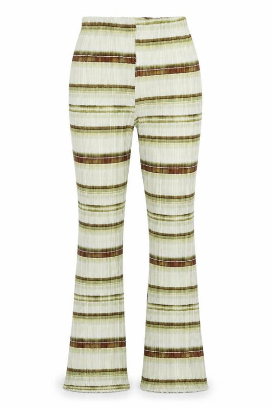 Front view of PRETTYLITTLETHING women’s green striped polyester trousers, size UK 8, regular