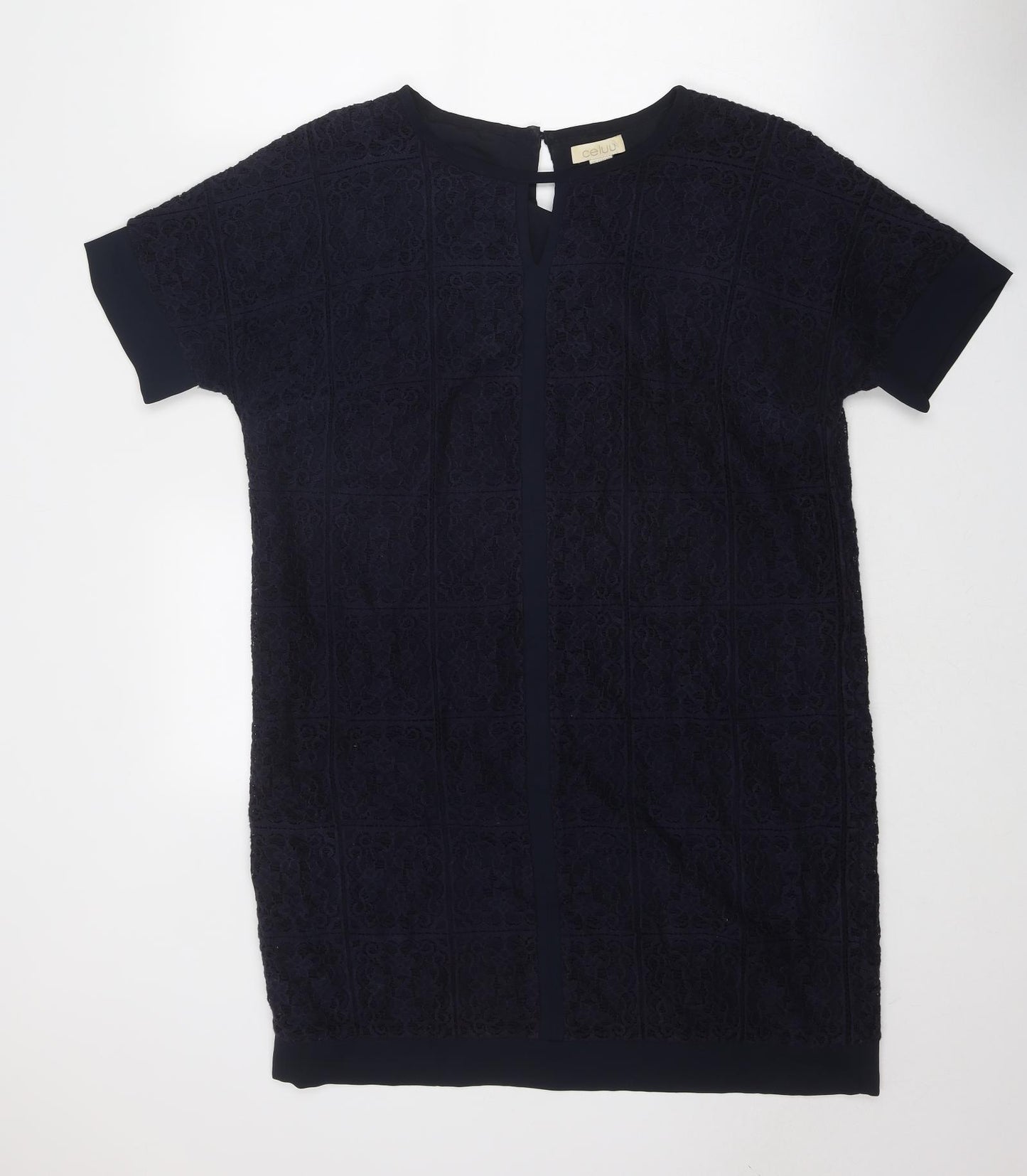 Celuu Womens Blue Cotton T-Shirt Dress Size 14 Boat Neck Zip - Lace Overlay