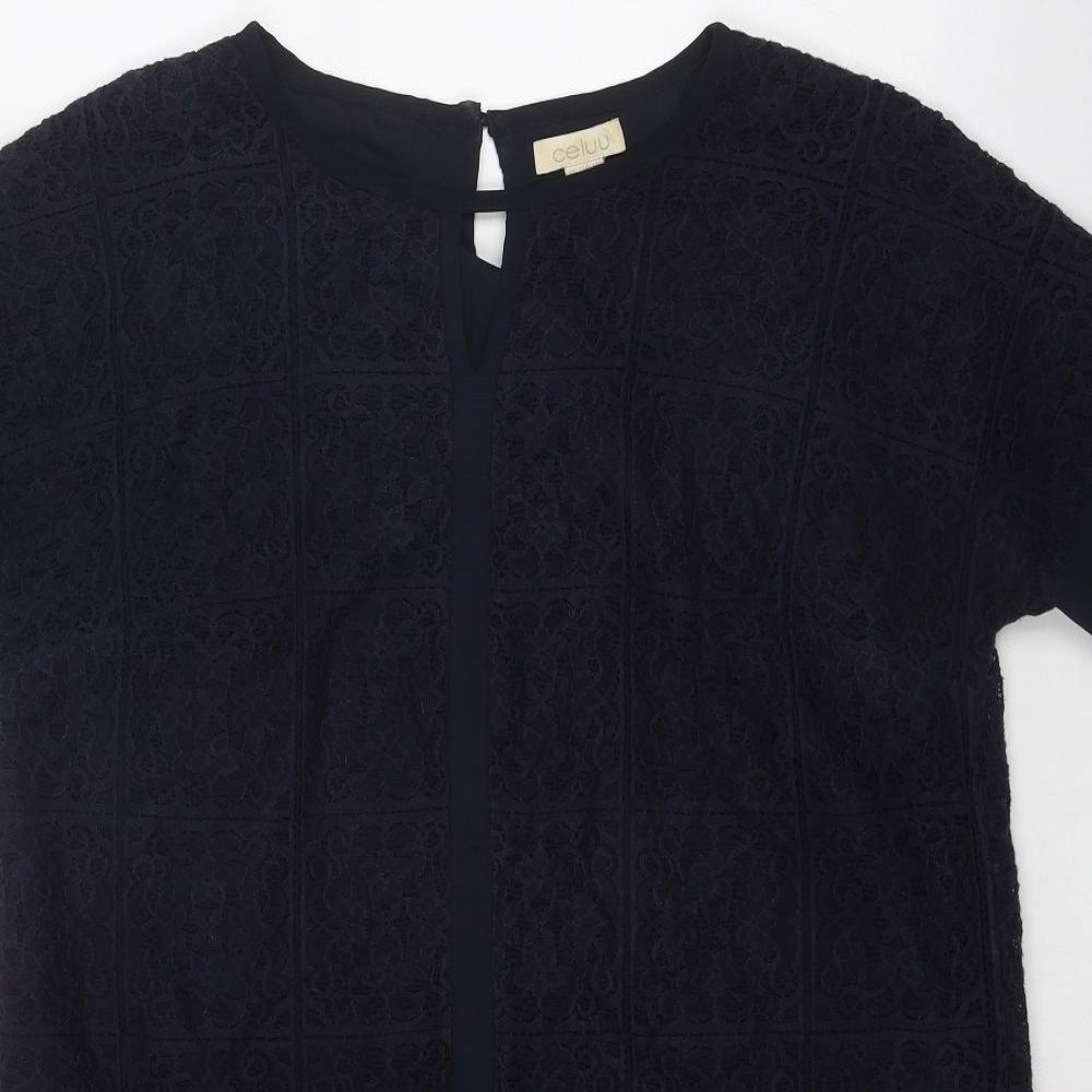 Celuu Womens Blue Cotton T-Shirt Dress Size 14 Boat Neck Zip - Lace Overlay