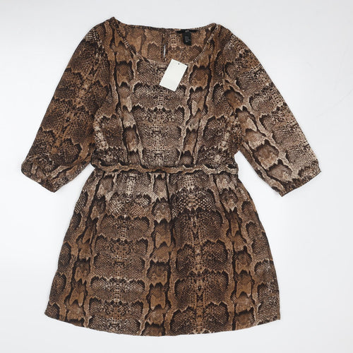 H&M Womens Brown Animal Print Polyester Fit & Flare Size 14 Boat Neck Button - Snake Print
