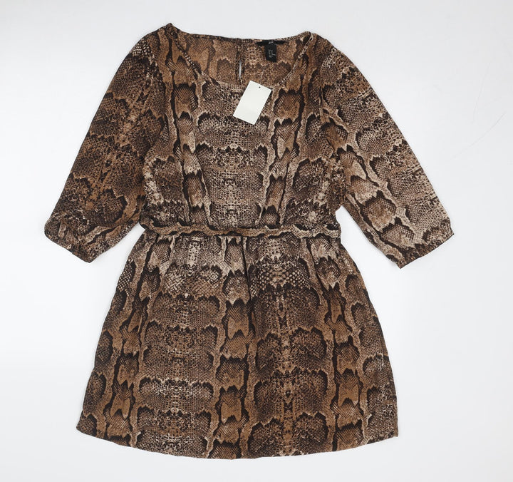 H&M Womens Brown Animal Print Polyester Fit & Flare Size 14 Boat Neck Button - Snake Print