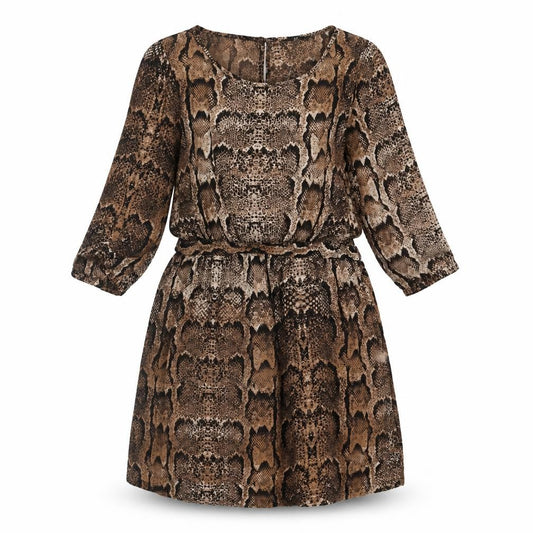 Front view of H&M women’s brown animal print polyester fit & flare, size UK 14, boat neck button - snake print