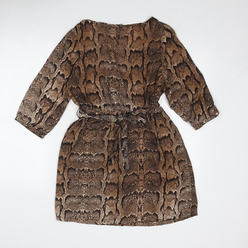 H&M Womens Brown Animal Print Polyester Fit & Flare Size 14 Boat Neck Button - Snake Print
