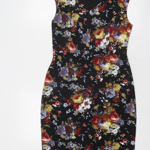Joe Browns Womens Black Floral Polyester Pencil Dress Size 12 V-Neck Zip