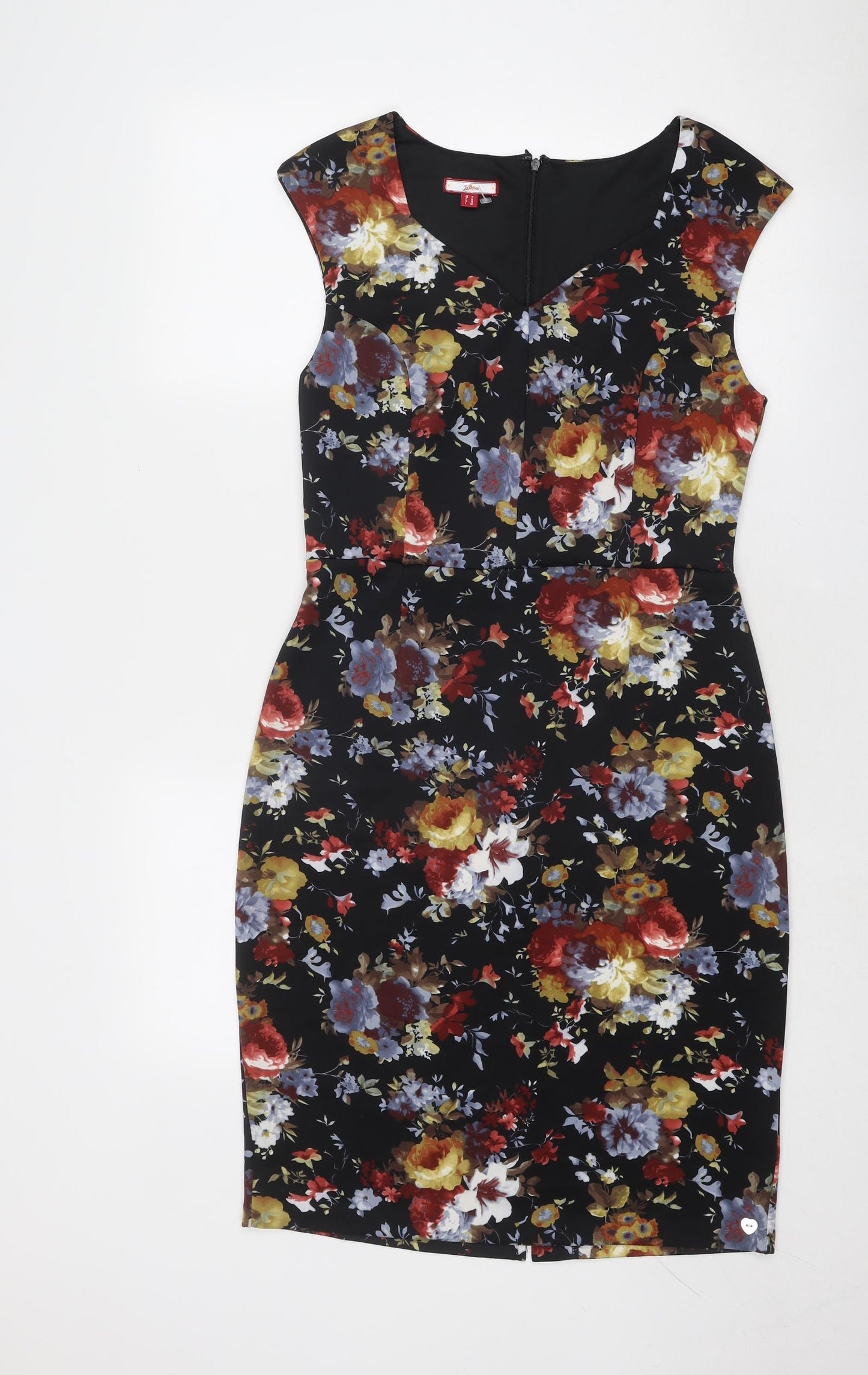 Joe Browns Womens Black Floral Polyester Pencil Dress Size 12 V-Neck Zip