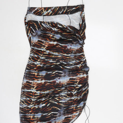PRETTYLITTLETHING Womens Multicoloured Animal Print Polyester Bodycon Size 8 Cowl Neck Zip