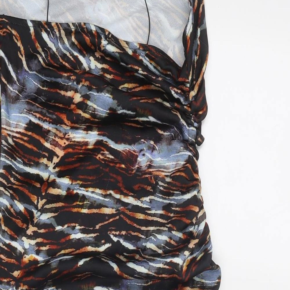 PRETTYLITTLETHING Womens Multicoloured Animal Print Polyester Bodycon Size 8 Cowl Neck Zip