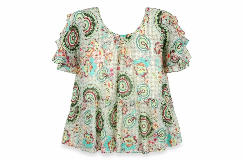 Front view of JS Millenium women’s multicoloured geometric polyester basic blouse, size L, round neck