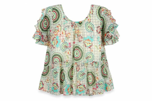 Front view of JS Millenium women’s multicoloured geometric polyester basic blouse, size L, round neck