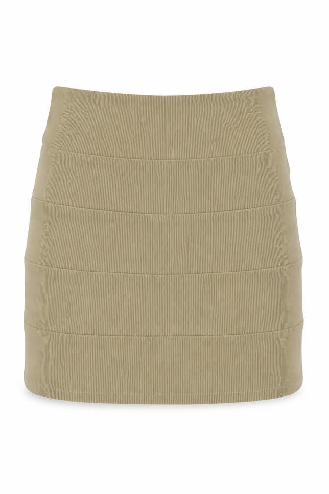Front view of EDM women’s beige polyester bandage skirt, size UK 24, in zip