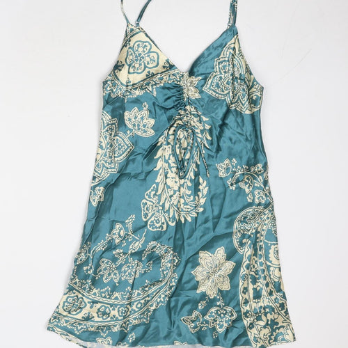 Zara Womens Blue Geometric Viscose Slip Dress Size S V-Neck Pullover