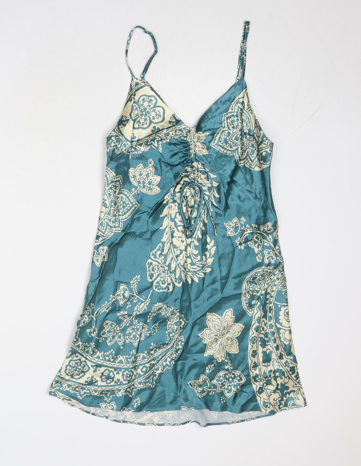 Zara Womens Blue Geometric Viscose Slip Dress Size S V-Neck Pullover