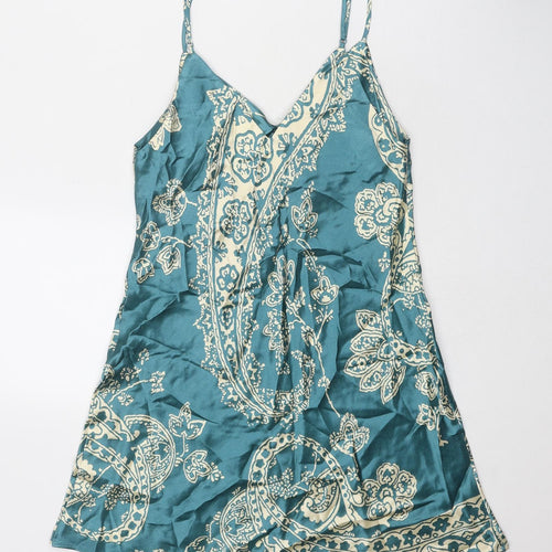 Zara Womens Blue Geometric Viscose Slip Dress Size S V-Neck Pullover