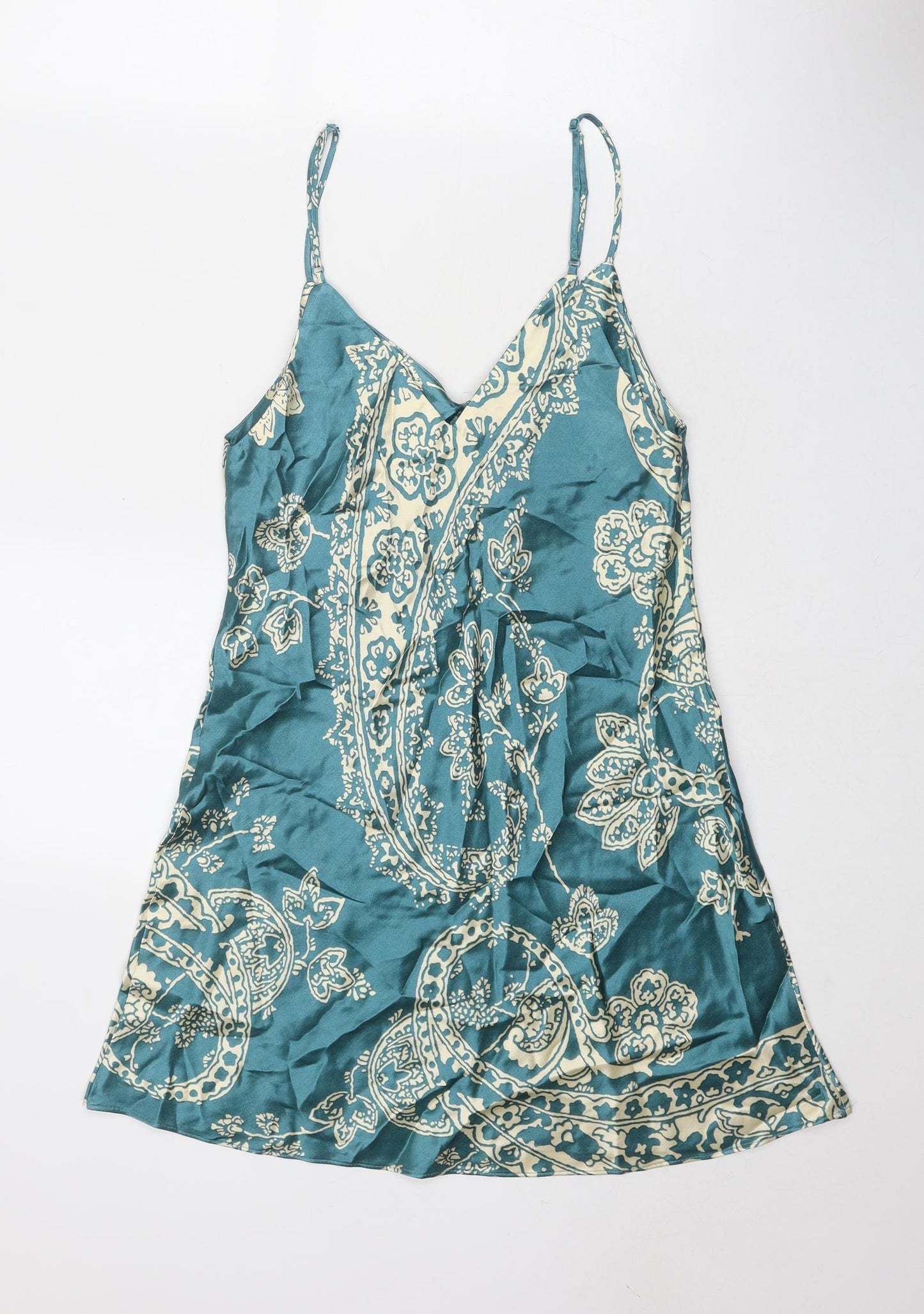 Zara Womens Blue Geometric Viscose Slip Dress Size S V-Neck Pullover