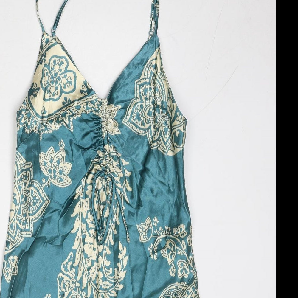 Zara Womens Blue Geometric Viscose Slip Dress Size S V-Neck Pullover