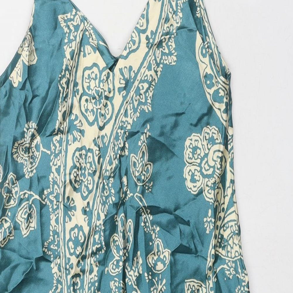 Zara Womens Blue Geometric Viscose Slip Dress Size S V-Neck Pullover