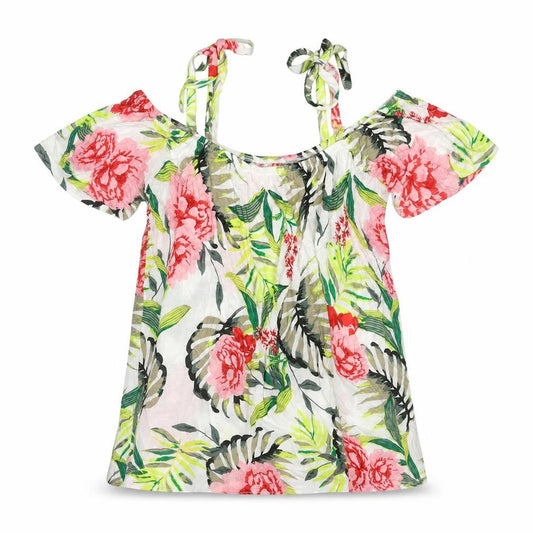 Front view of Dorothy Perkins women’s multicoloured floral viscose basic t-shirt, size UK 10, boat neck