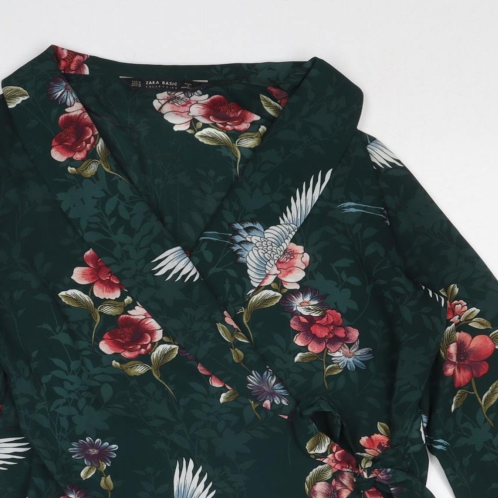 Zara Womens Green Geometric Polyester Wrap Blouse Size M Collared