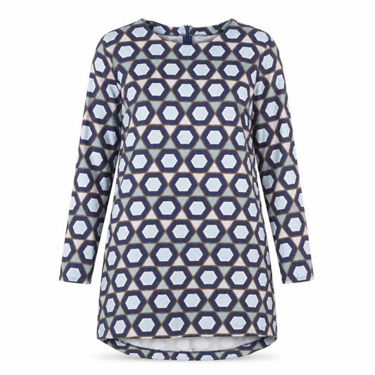Front view of H&M women’s blue geometric cotton a-line, size M, round neck zip