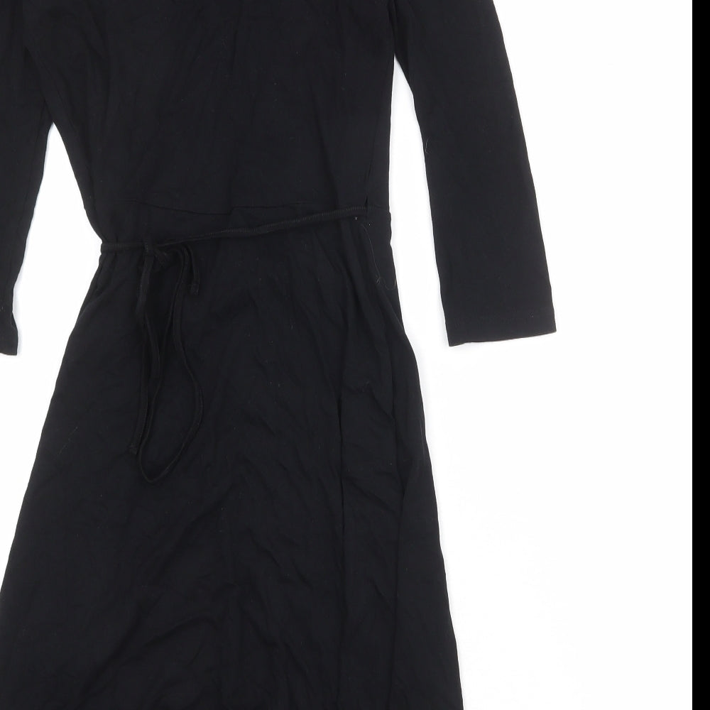 Bershka Womens Black Viscose Wrap Dress Size M V-Neck Tie
