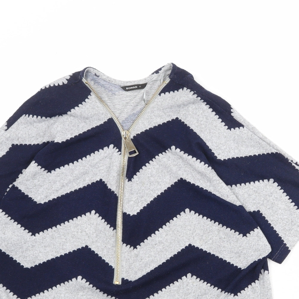 Roman Womens Grey V-Neck Herringbone Polyester Pullover Jumper Size 12
