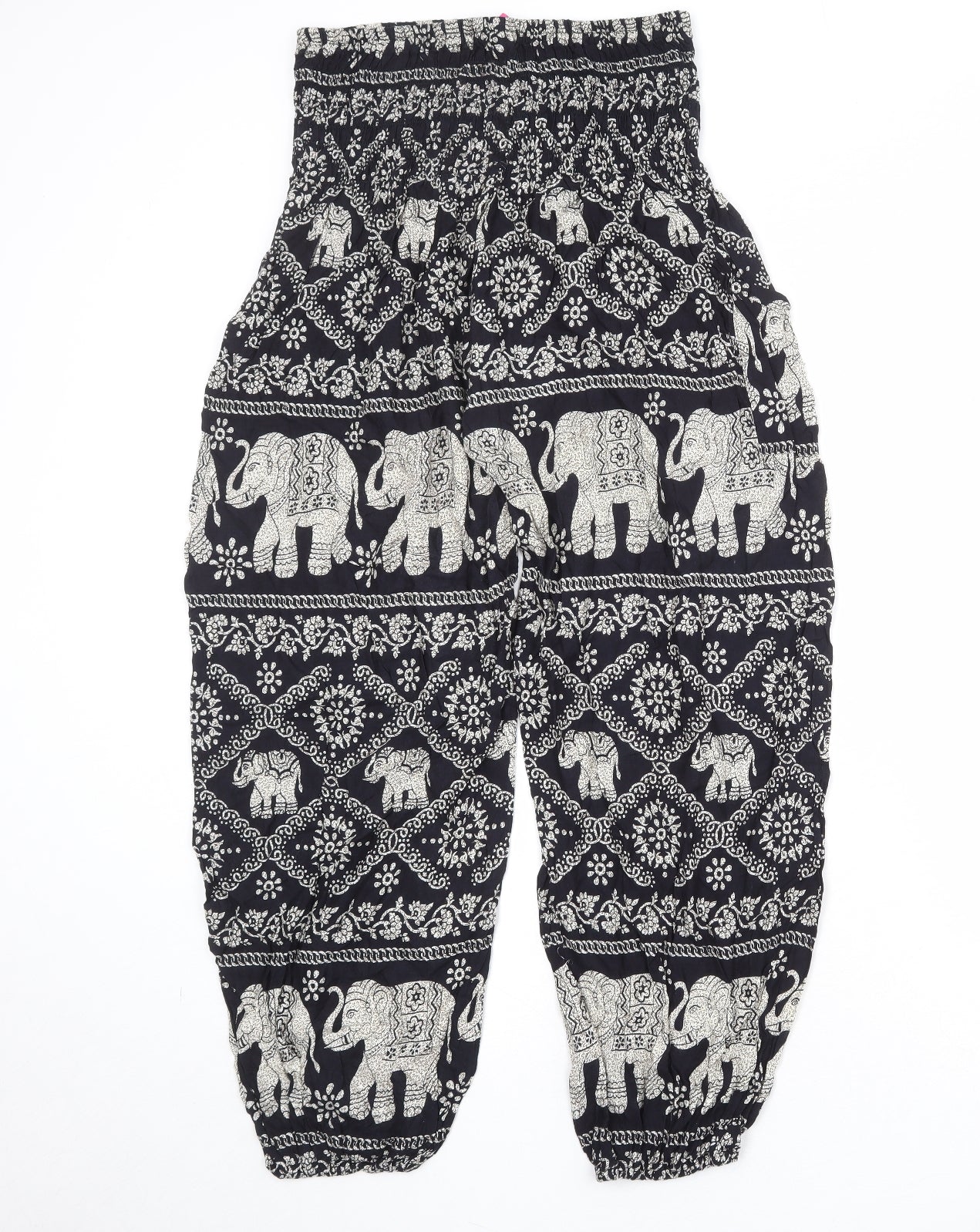 Forgotten Tribes Womens Black Geometric Viscose Harem Trousers Size L Regular - Elephant Print