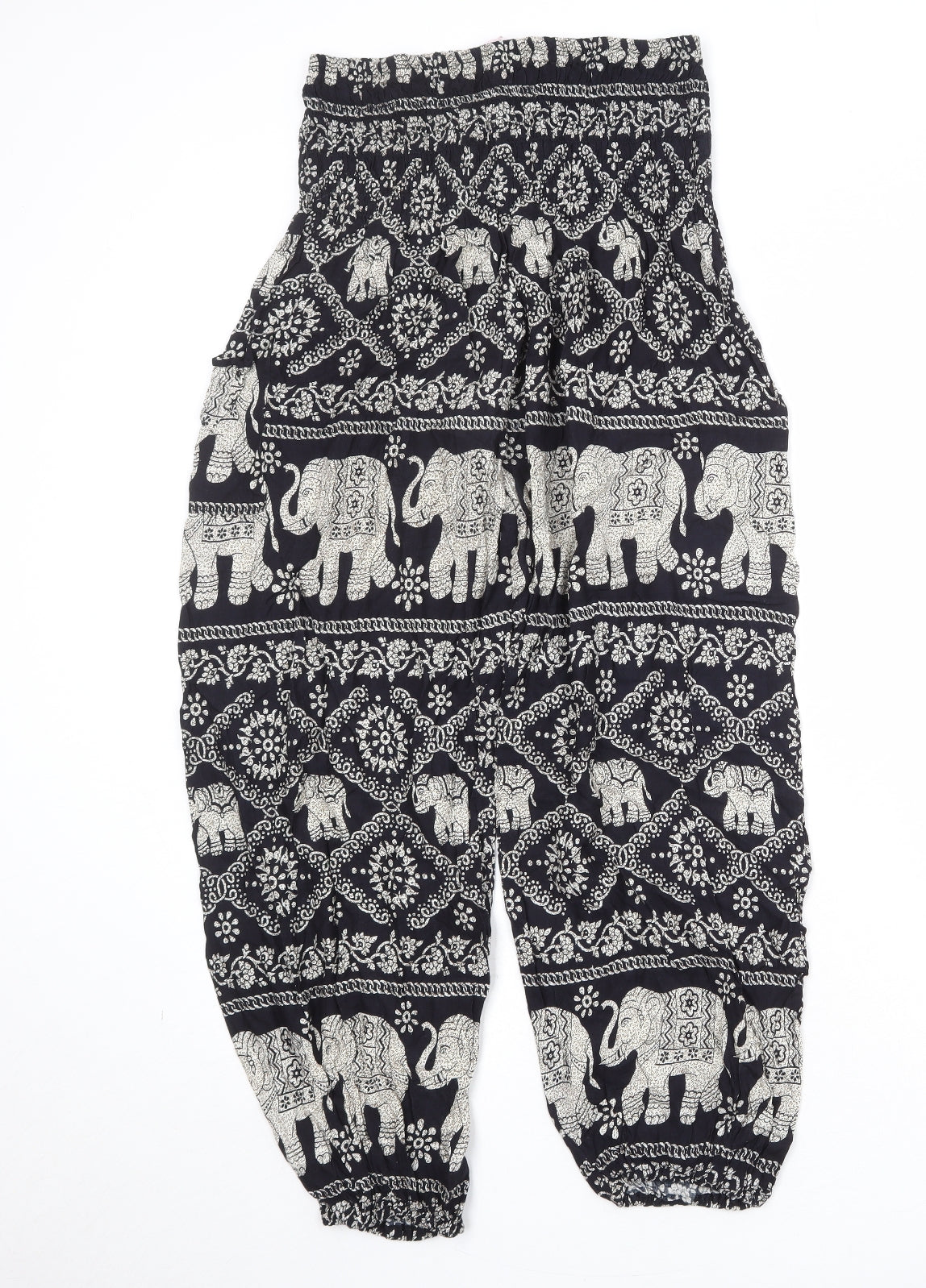 Forgotten Tribes Womens Black Geometric Viscose Harem Trousers Size L Regular - Elephant Print