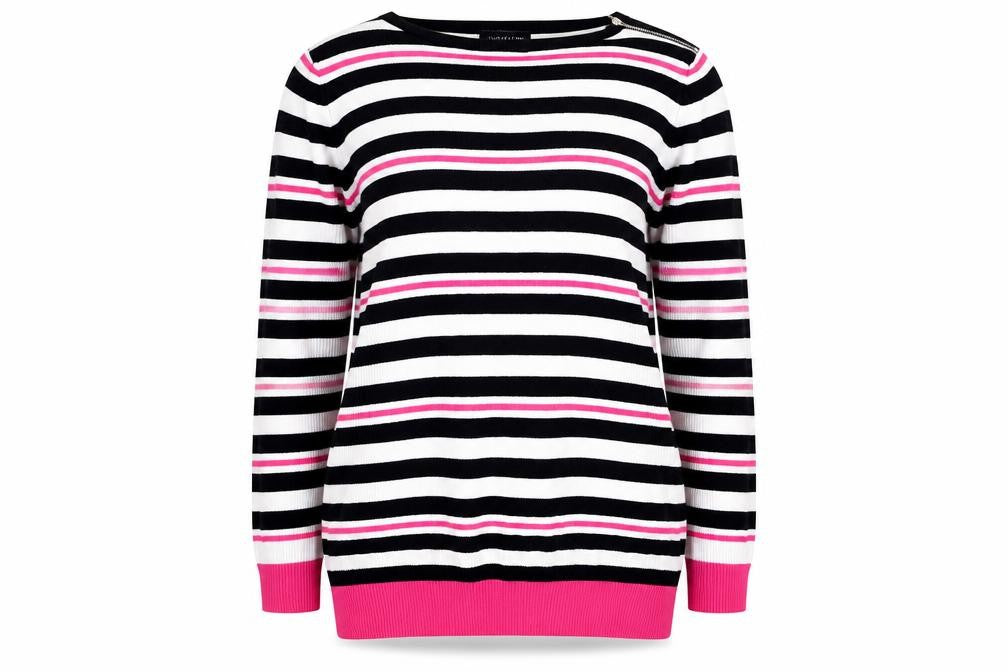 Front view of Debenhams women’s multicoloured round neck striped viscose jumper, size UK 14