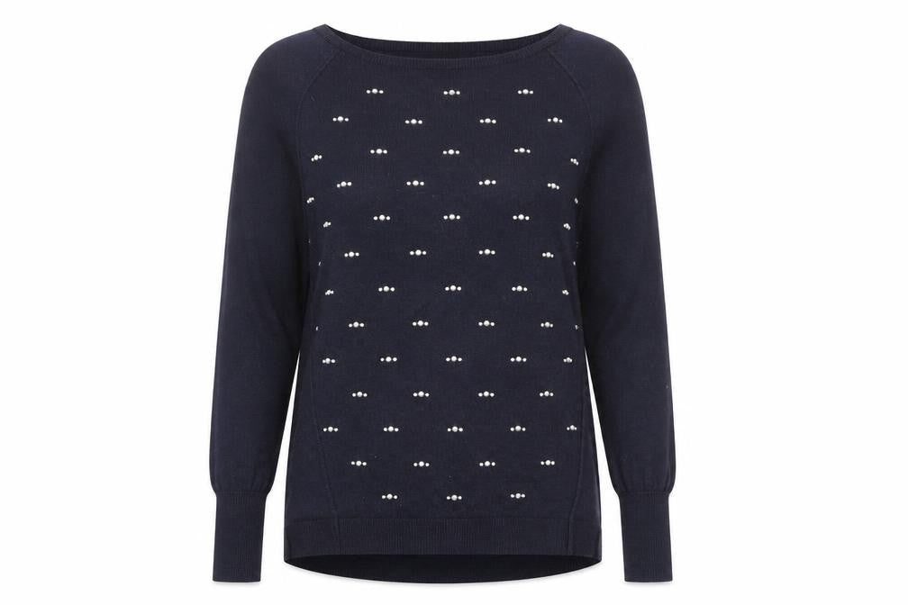 Front view of Oasis women’s blue round neck polyester jumper, size S