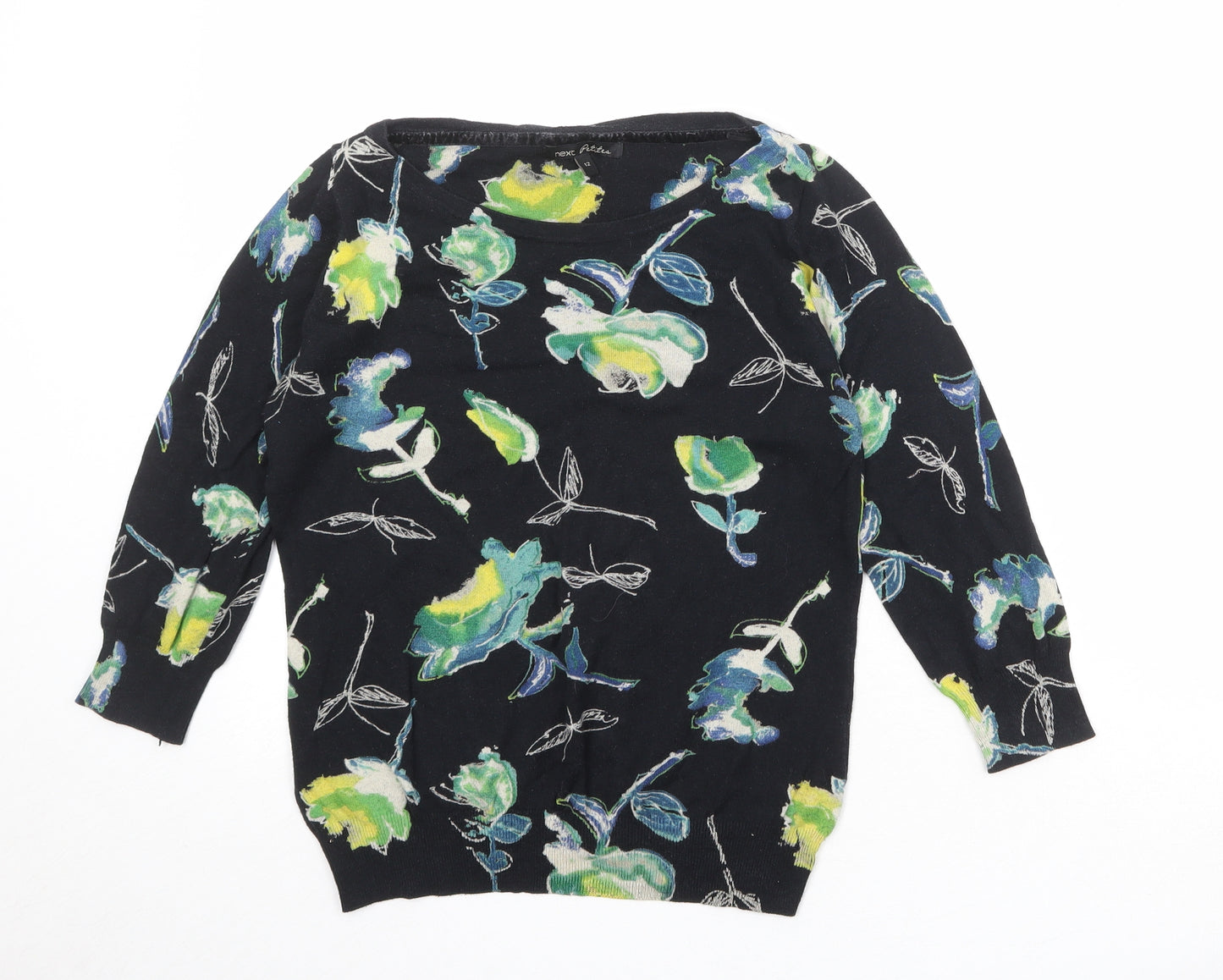 NEXT Womens Black Boat Neck Floral Cotton Pullover Jumper Size 12