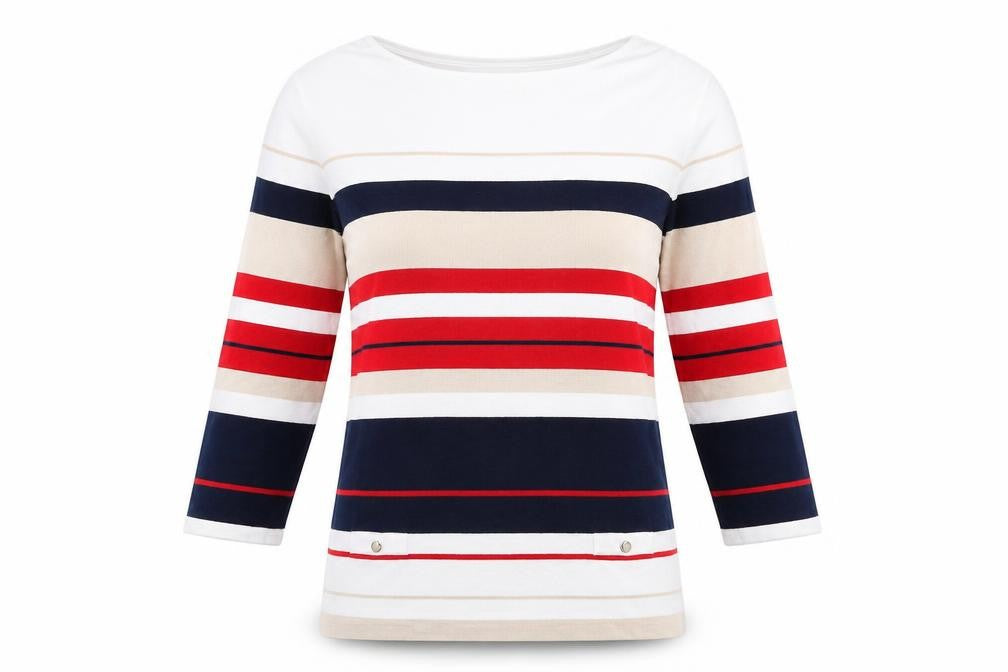 Front view of Lakeland women’s multicoloured round neck striped viscose jumper, size M