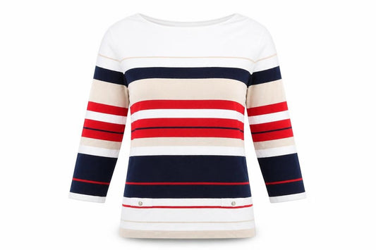 Front view of Lakeland women’s multicoloured round neck striped viscose jumper, size M