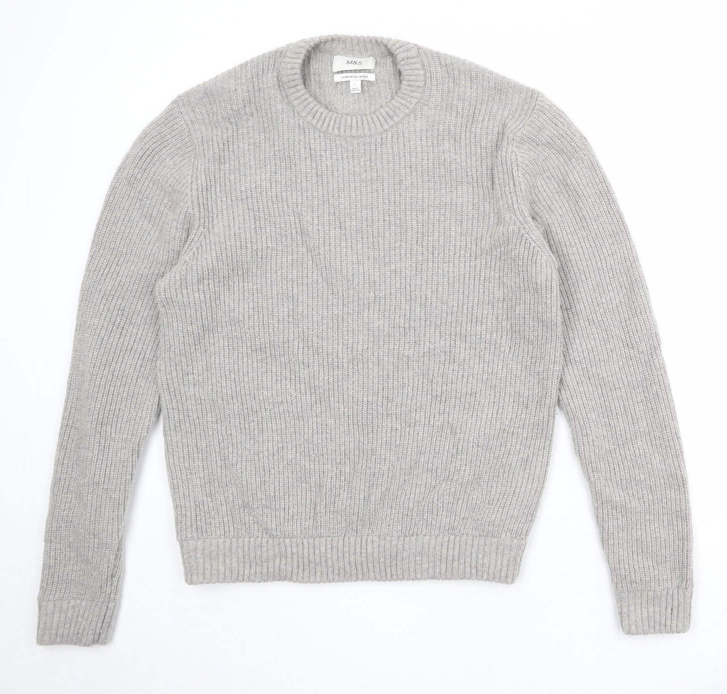 Marks and Spencer Mens Grey Round Neck Wool Pullover Jumper Size L Long Sleeve