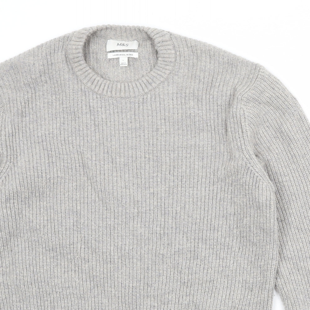 Marks and Spencer Mens Grey Round Neck Wool Pullover Jumper Size L Long Sleeve