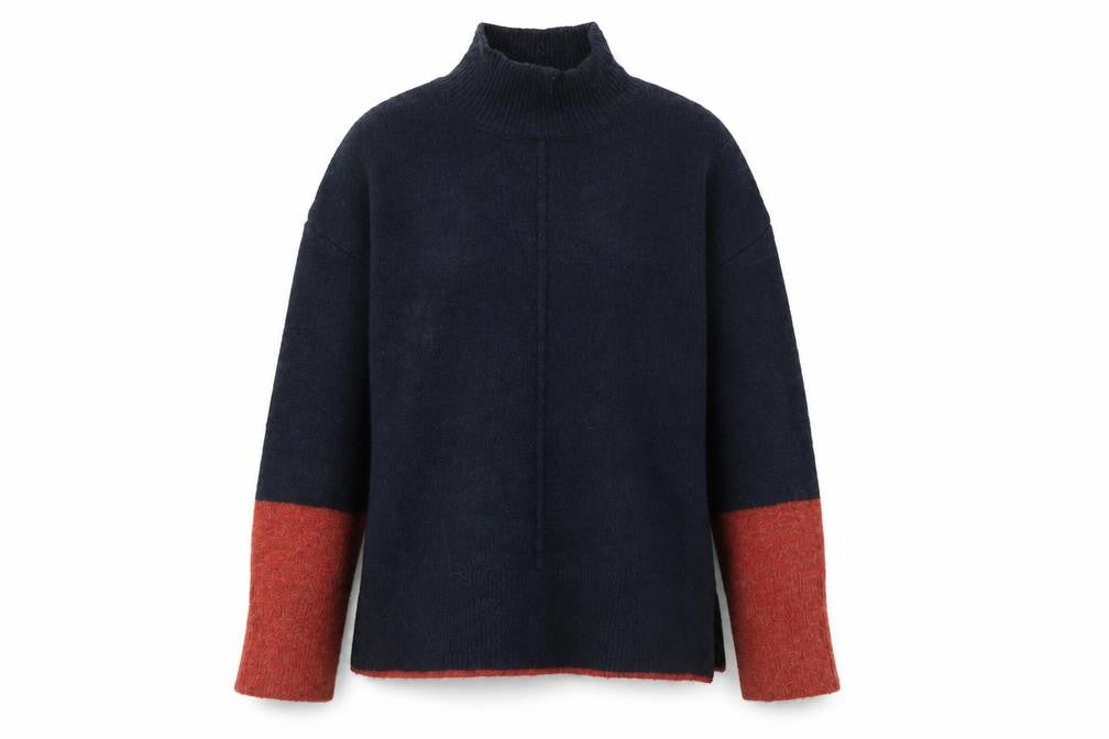 Front view of Marks & Spencer women’s blue high neck acrylic jumper, size S