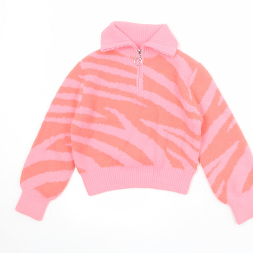 Marks and Spencer Girls Pink Collared Geometric Polyamide Pullover Jumper Size 7-8 Years Zip