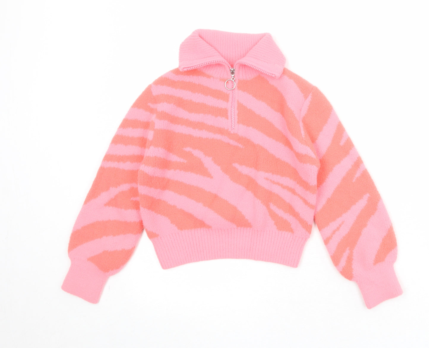 Marks and Spencer Girls Pink Collared Geometric Polyamide Pullover Jumper Size 7-8 Years Zip