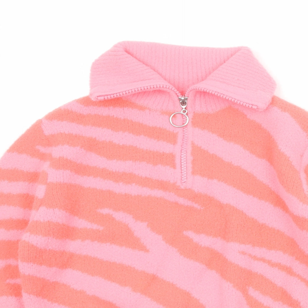 Marks and Spencer Girls Pink Collared Geometric Polyamide Pullover Jumper Size 7-8 Years Zip