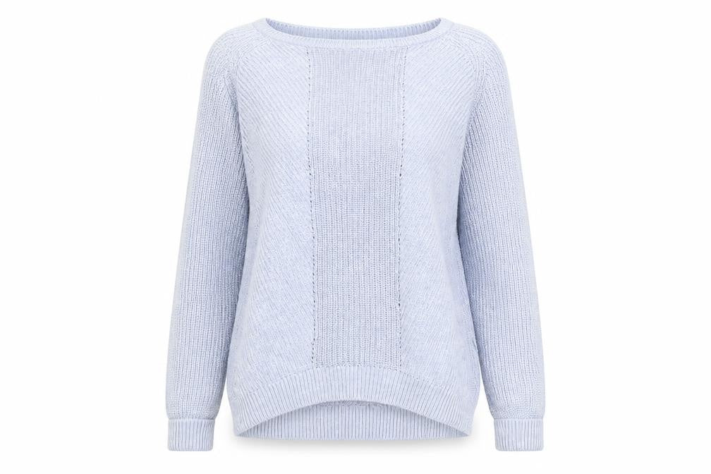 Front view of Marks & Spencer women’s blue boat neck 100% cotton jumper, size S