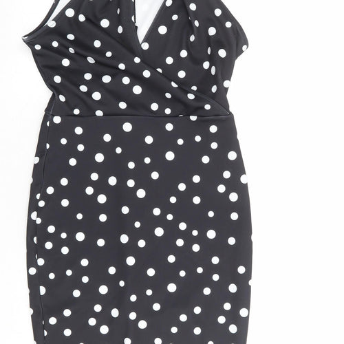 Lipsy Womens Black Polka Dot Polyester Bodycon Size 14 Halter Zip
