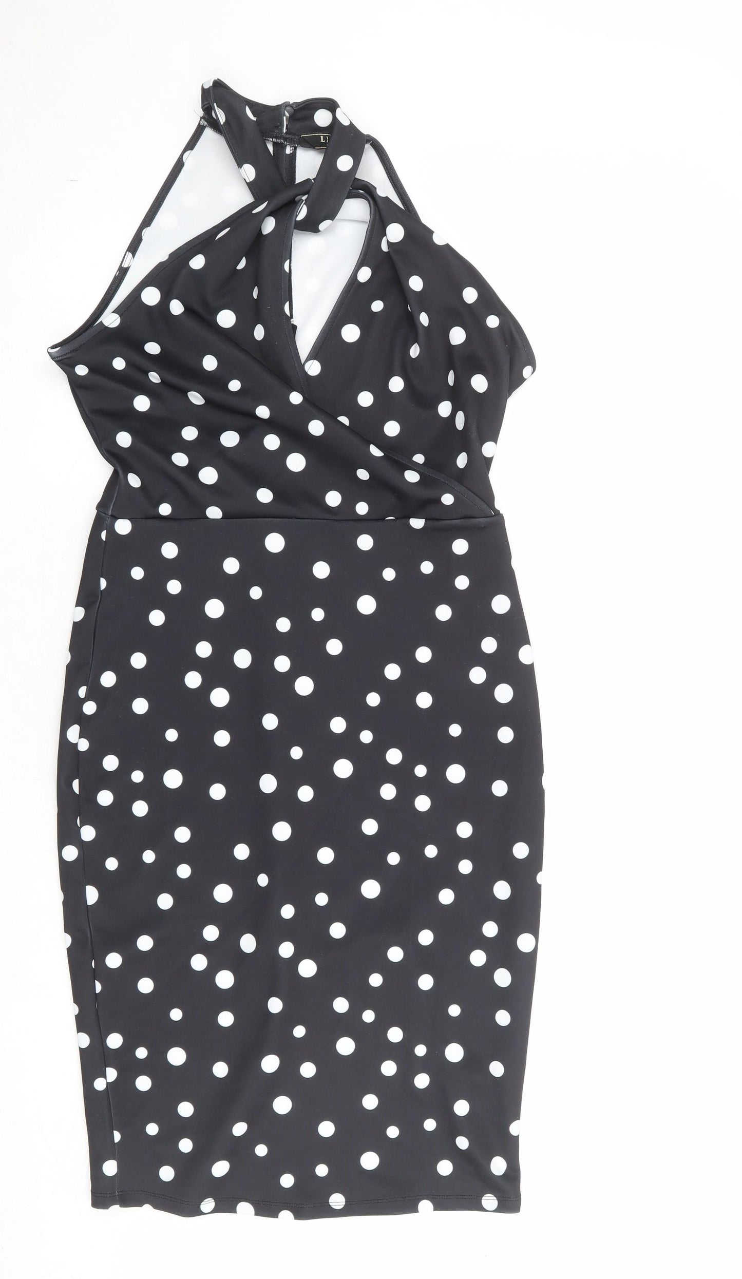 Lipsy Womens Black Polka Dot Polyester Bodycon Size 14 Halter Zip