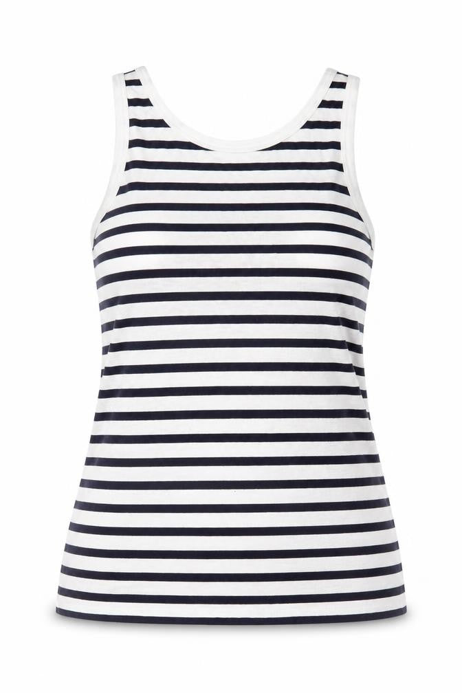 Front view of ASOS women’s white striped viscose basic tank, size UK 6, round neck