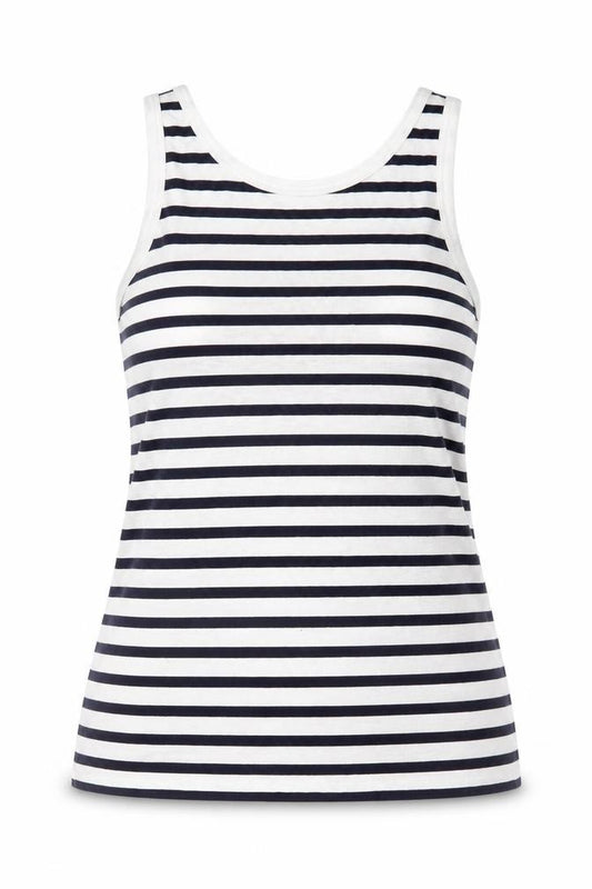 Front view of ASOS women’s white striped viscose basic tank, size UK 6, round neck
