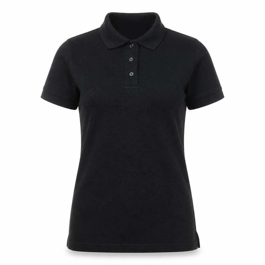 Front view of Trojan women’s black polyester basic polo, size UK 10, collared