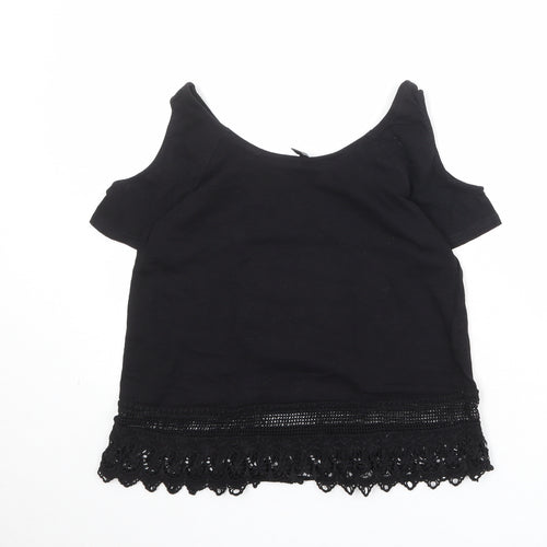 New Look Womens Black Herringbone 100% Cotton Basic Blouse Size 6 Round Neck - Cold Shoulder, Lace Detail