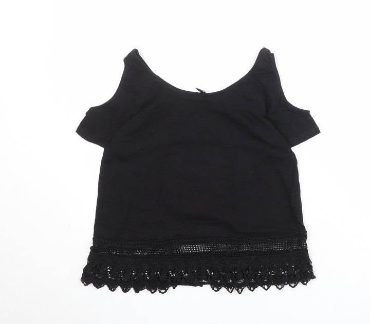 New Look Womens Black Herringbone 100% Cotton Basic Blouse Size 6 Round Neck - Cold Shoulder, Lace Detail