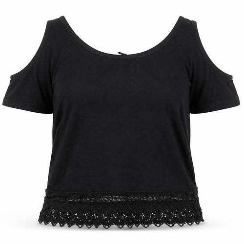 New Look Womens Black Herringbone 100% Cotton Basic Blouse Size 6 Round Neck - Cold Shoulder, Lace Detail