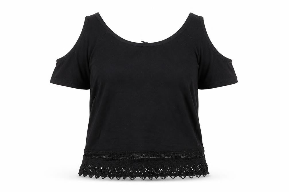 New Look Womens Black Herringbone 100% Cotton Basic Blouse Size 6 Round Neck - Cold Shoulder, Lace Detail
