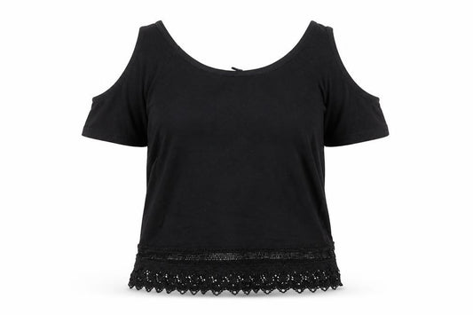 Front view of New Look women’s black herringbone 100% cotton basic blouse, size UK 6, round neck - cold shoulder, lace detail