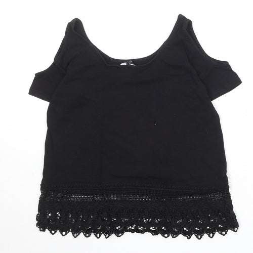 New Look Womens Black Herringbone 100% Cotton Basic Blouse Size 6 Round Neck - Cold Shoulder, Lace Detail